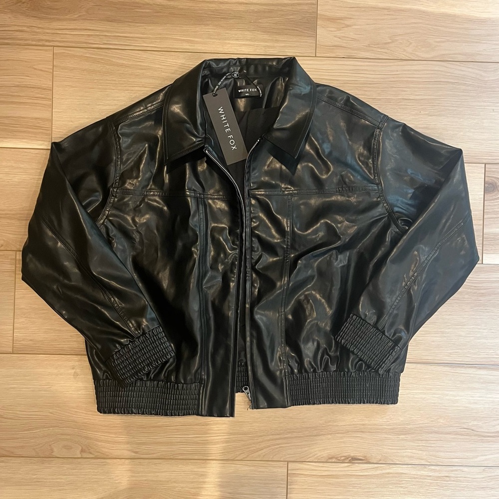 White Fox Faux Leather Bomber Jacket